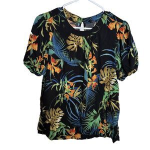 ECI New York Blouse Women's Small Dark Floral Short Sleeve Career Top Boho